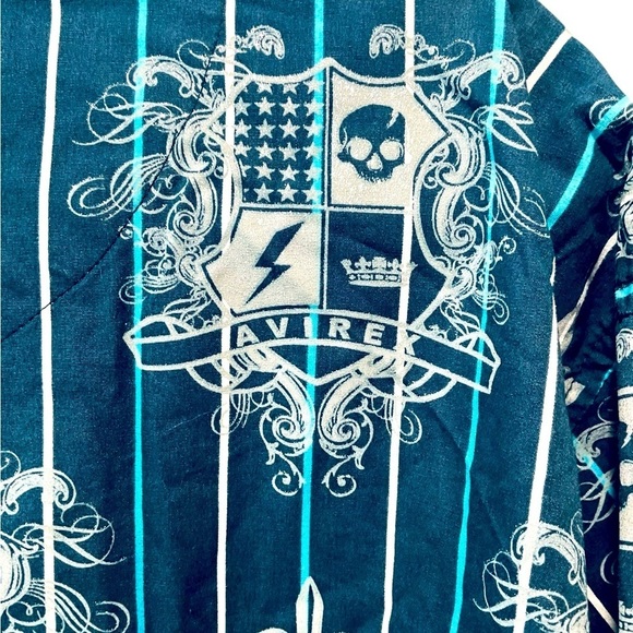 Avirex Mens Shirt 2XL Button Cotton Affliction Glitter Skull Blue Silver Vtg Y2K - Picture 3 of 5